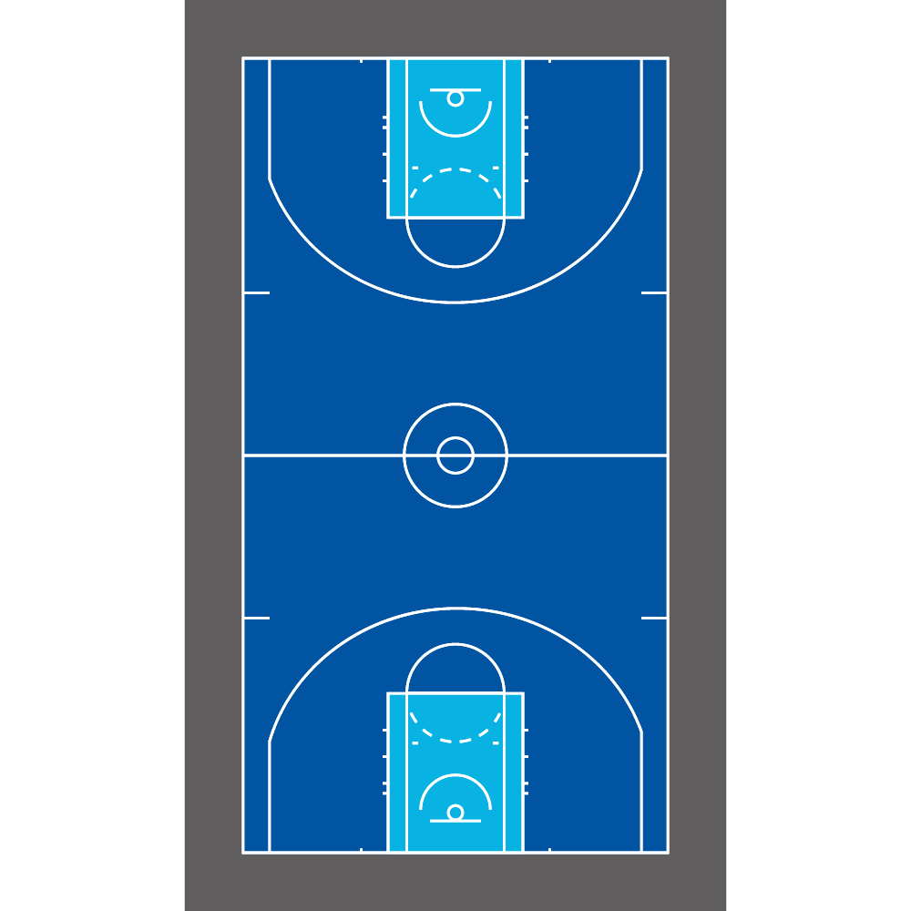 Juzgado multifunción de 32x19m con líneas de baloncesto FIBA y 2m Zona lateral