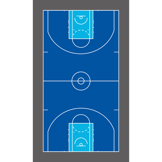 Juzgado multifunción de 32x19m con líneas de baloncesto FIBA y 2m Zona lateral